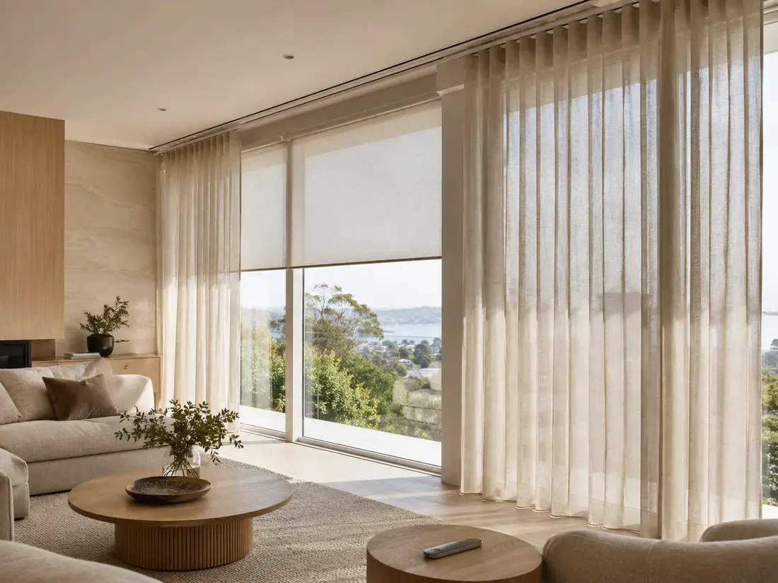 Layered blinds and curtains in a contemporary interior
