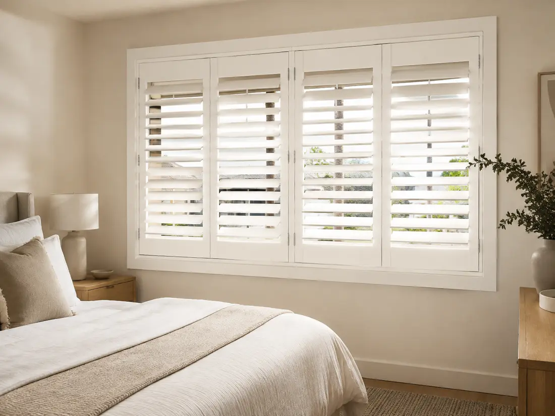 Plantation shutters installed in a contemporary interior