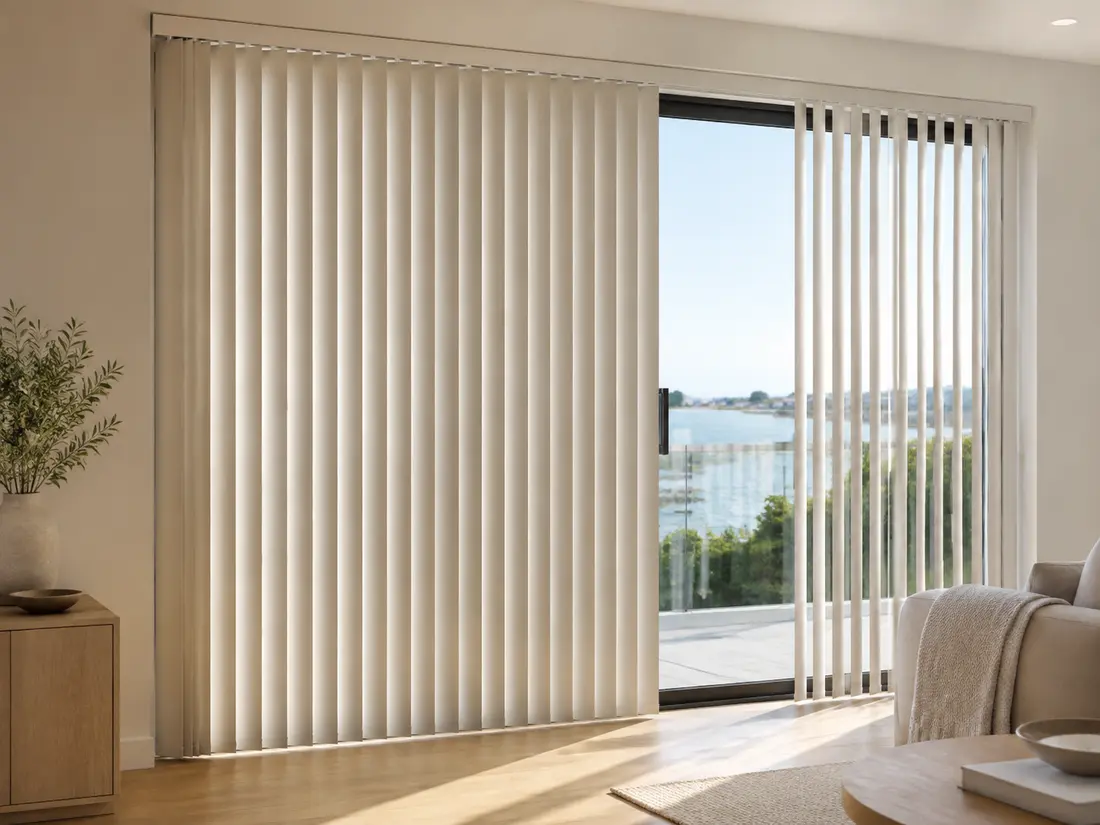 Installed vertical blinds across broad glazing